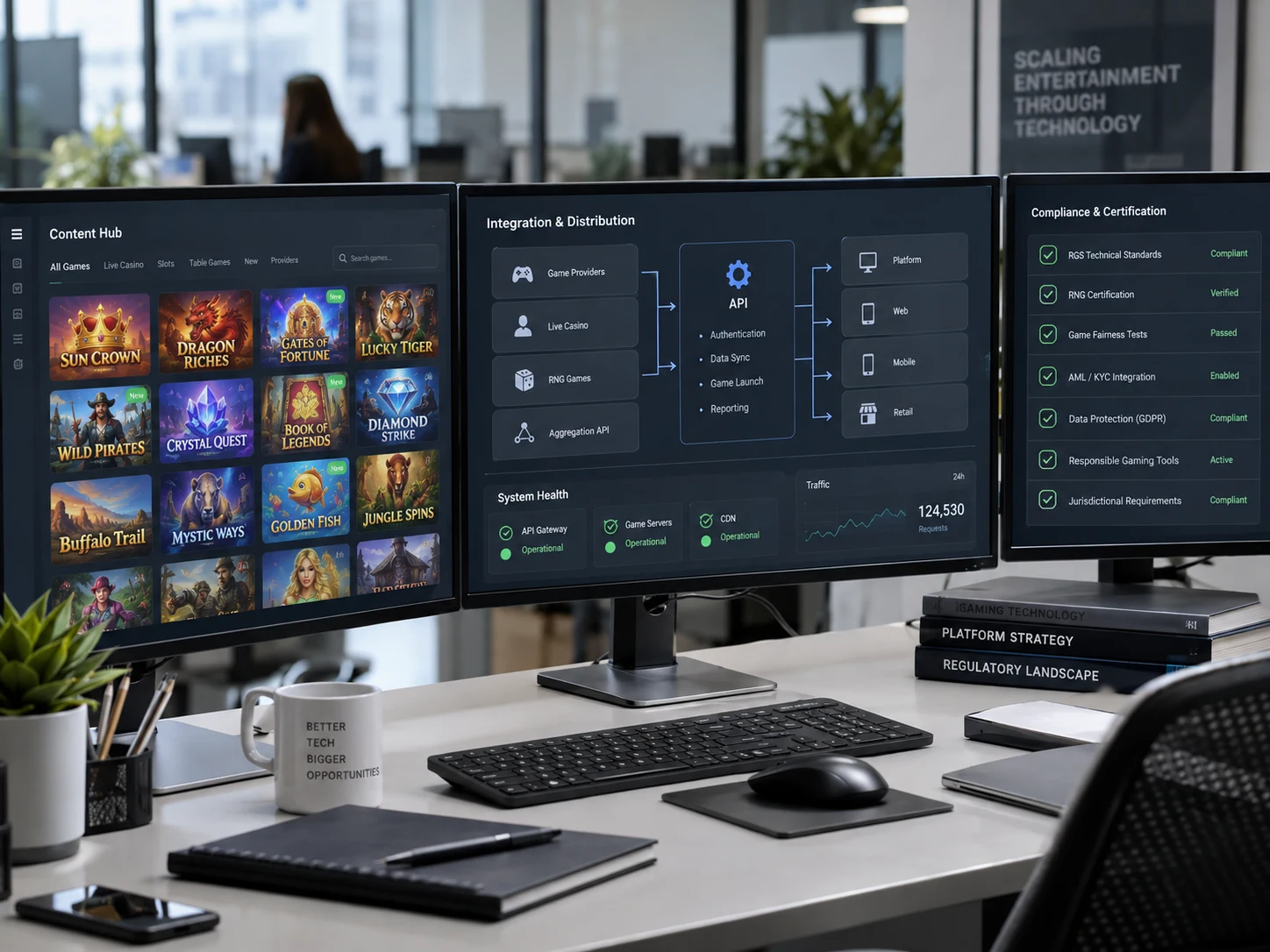 Рабочая станция с dashboard iGaming-платформы, RGS и compliance-панелью