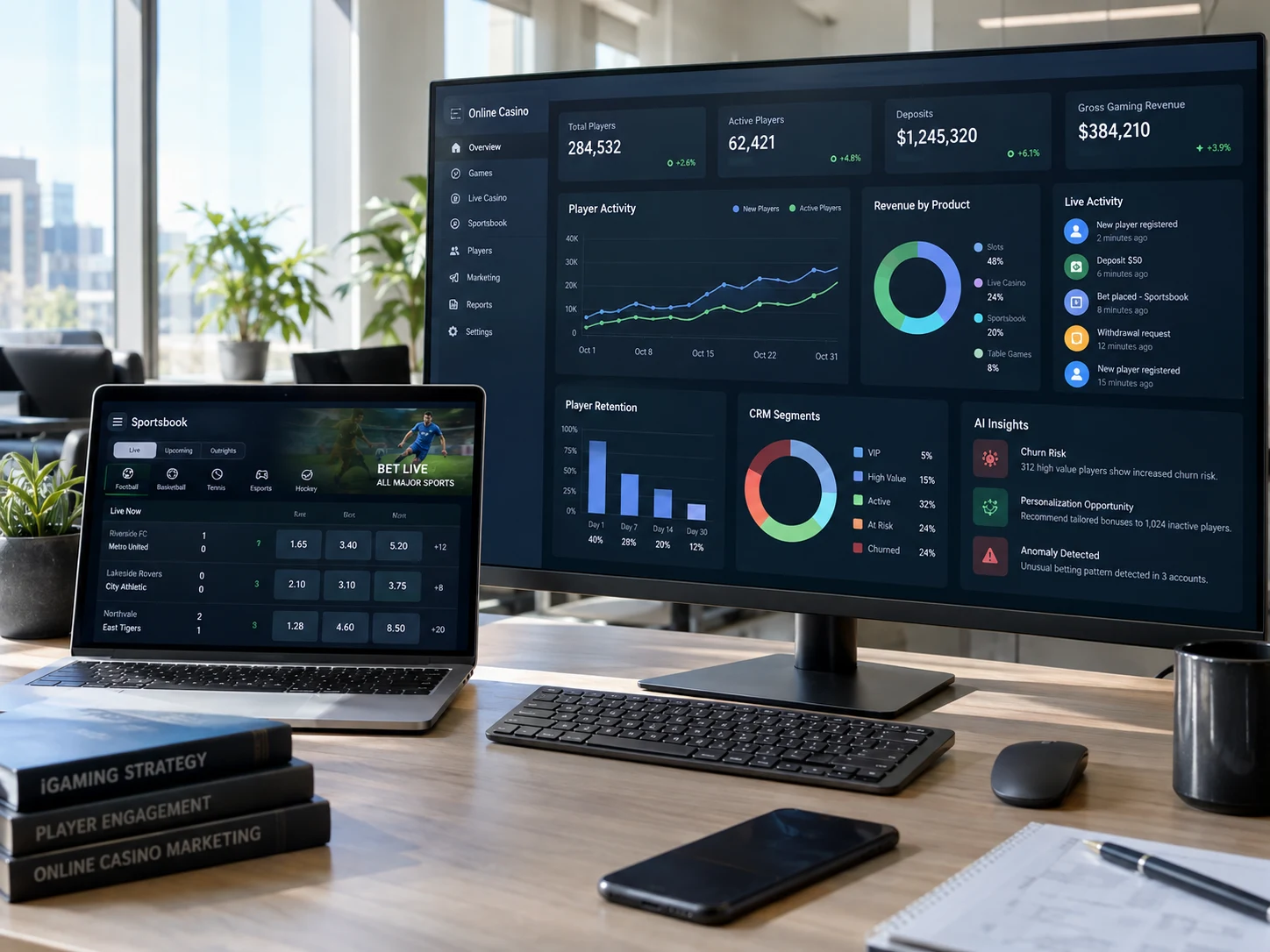 Аналитический рабочий стол оператора iGaming с данными по игрокам, CRM и sportsbook