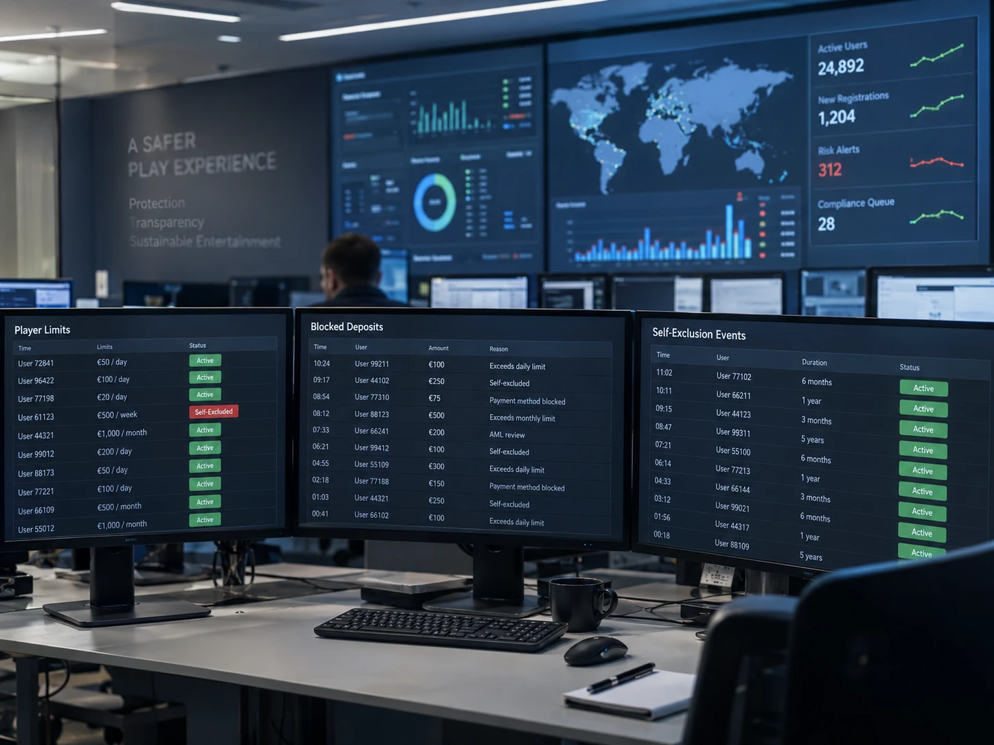 Control room iGaming с мониторингом лимитов, блокировок депозитов и событий самоисключения