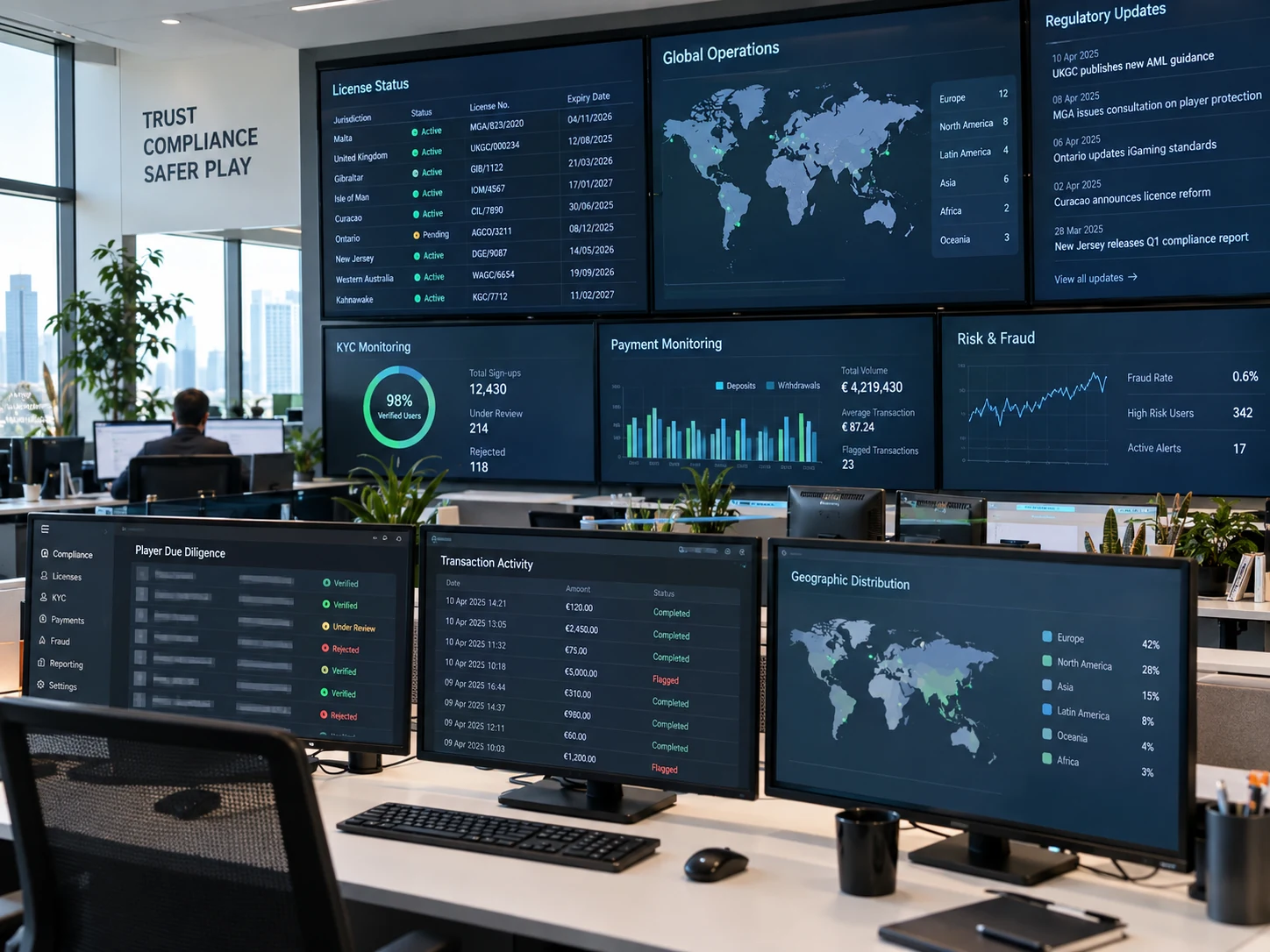 Дневной compliance control room для iGaming с мониторами и картами GEO