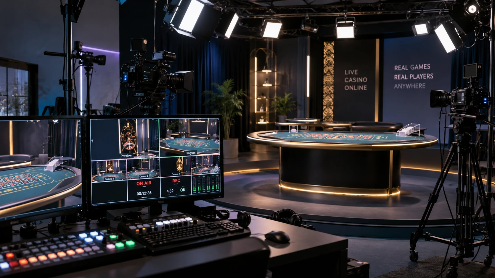 Пустая live casino студия с игровыми столами и профессиональным светом