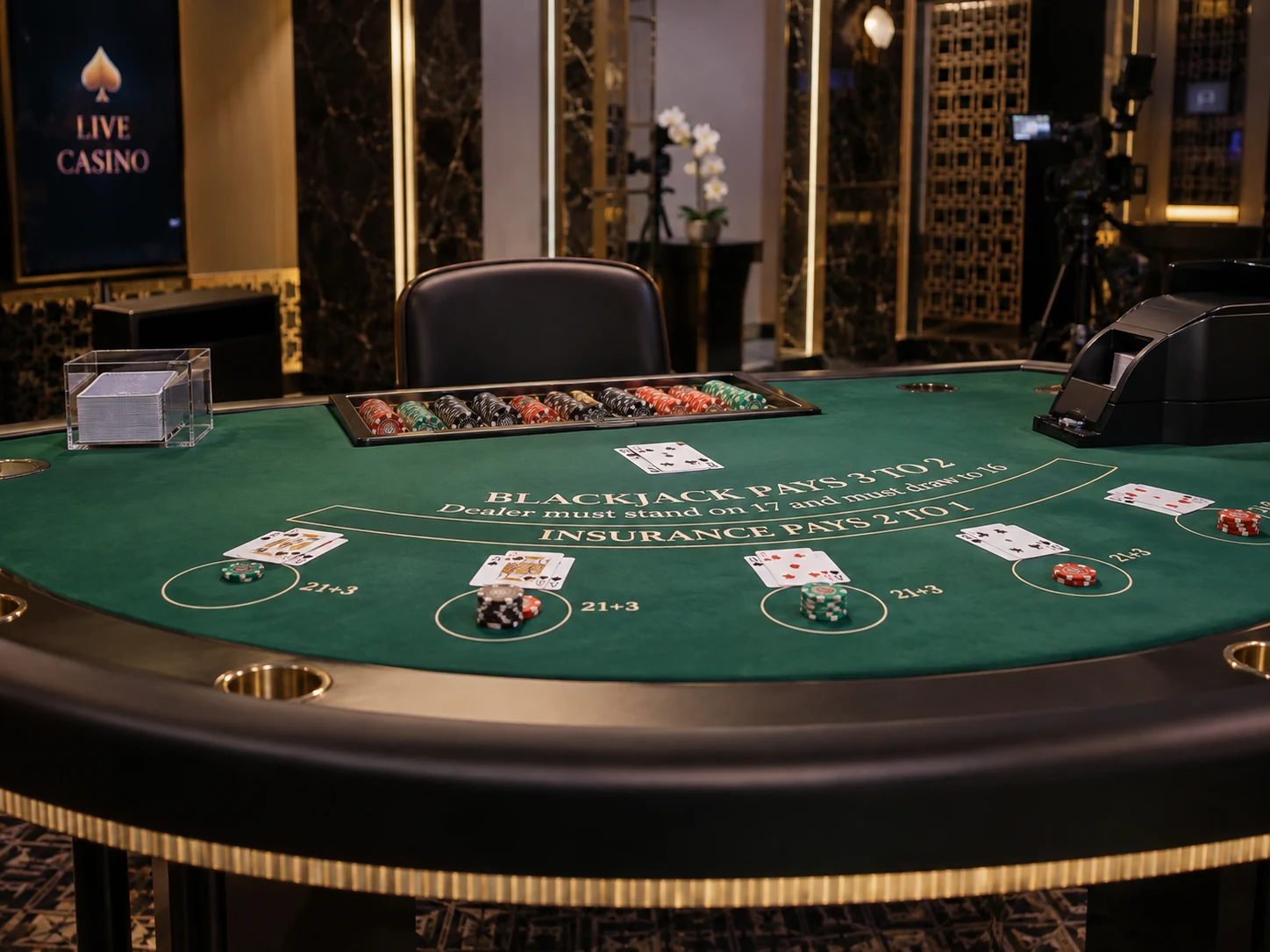 Стол live blackjack с картами и фишками в студийной обстановке