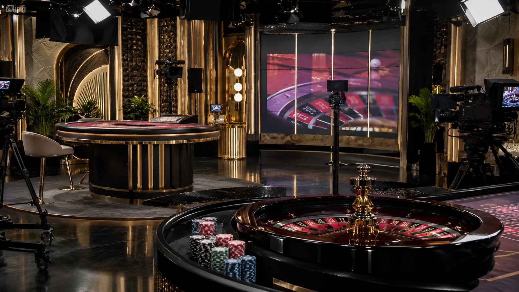 Пустая студия live casino с рулеткой, карточным столом и телевизионными камерами