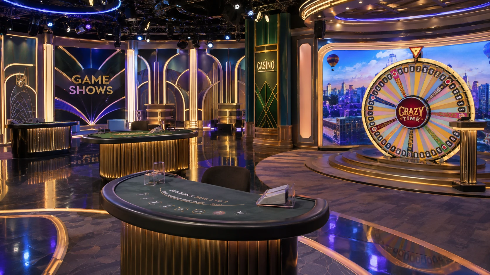 Студия live game show с колесом и игровыми столами