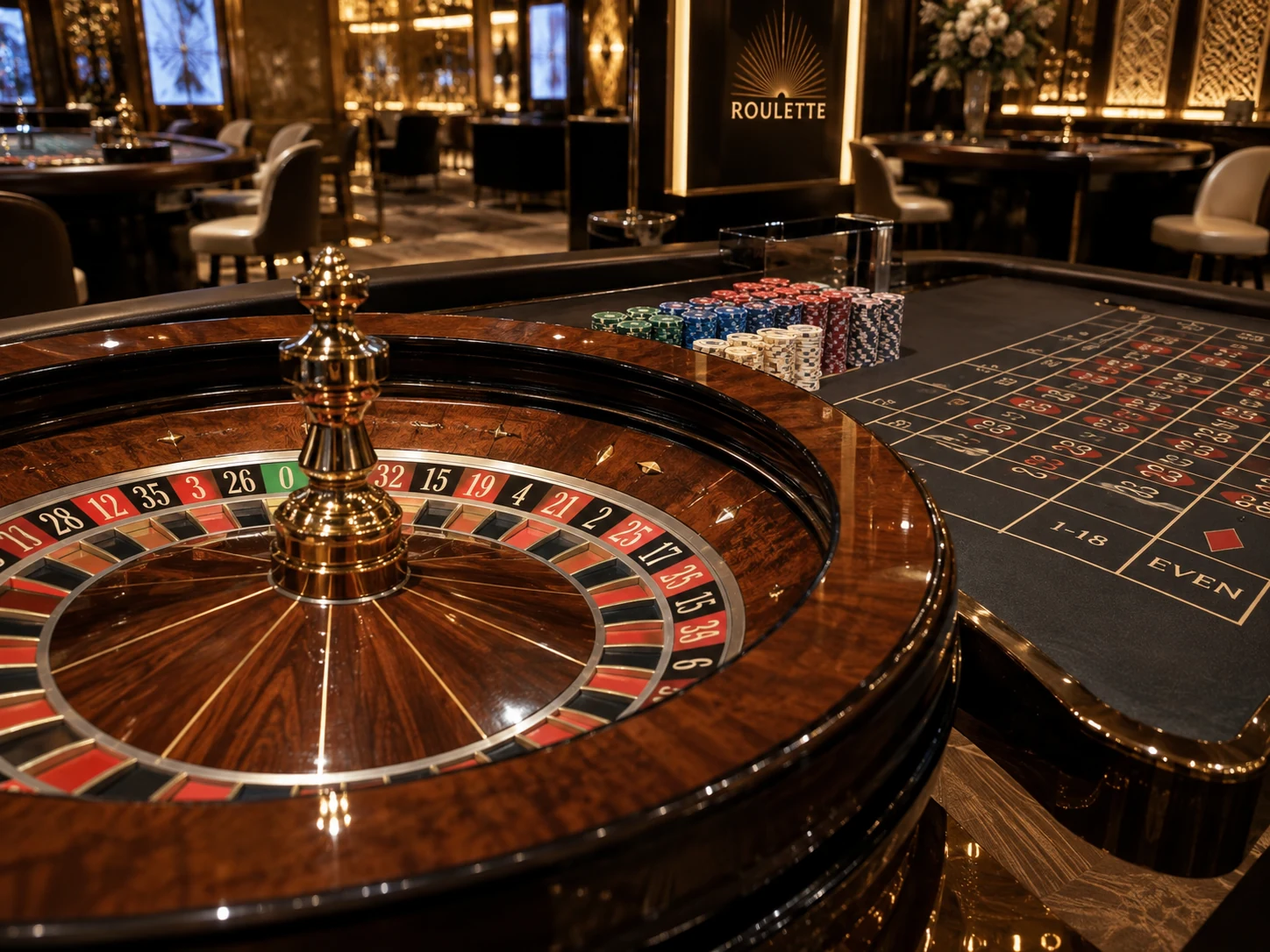 Стол live roulette с колесом рулетки и фишками в интерьере казино